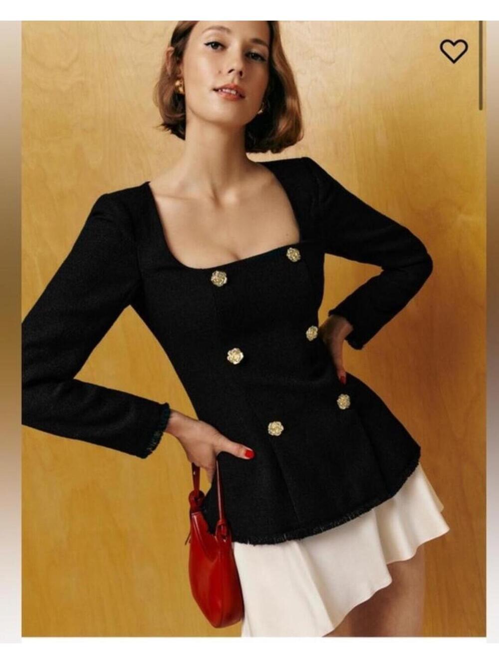 Reformation Colleen Black Blazer Style Top Gold Rose Buttons Size 8